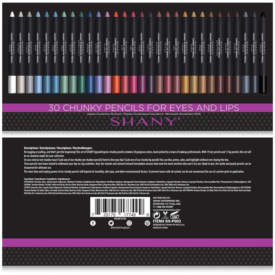 Shany Chunky Eyeshadow Pencils Lip Liner, Eyeliner, Eye Pencils - Multi-Use Chunky Pencils For Eye Shadow, Lip Makeup, Lipstick With Vitamin E And Aloe Vera - Premium Packaging - Set Of 30 Colors
