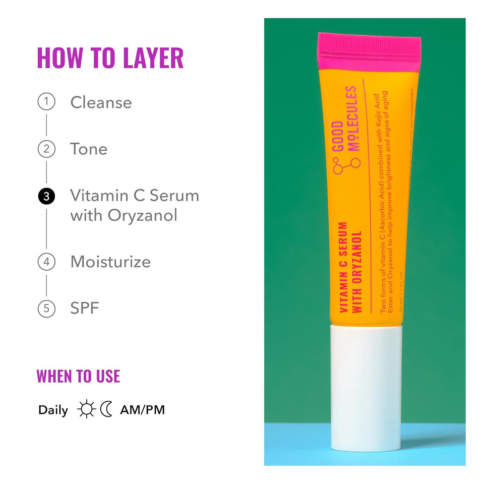 Good Molecules Vitamin C Serum With Oryzanol - Facial Serum For Firm, Youthful, Even Skin Tone - Collagen Production, Anti-Aging, And Skin Repair