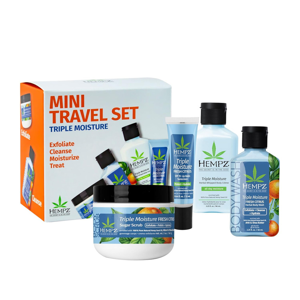 Hempz Mini Sweet Treats, Travel Kit, Mini Body Wash, Body Lotion, Body Scrub And Lip Balm, Sweet Pineapple Honeymelon Scent, 4 Piece Gift Set