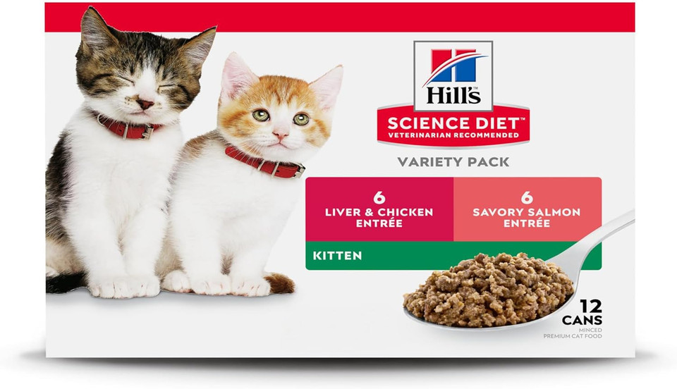 Hill'S Science Diet Kitten, Kitten Premium Nutrition, Wet Cat Food, Variety Case: Liver & Chicken; Salmon Minced, 2.9 Oz Can Variety Case, Case Of 12