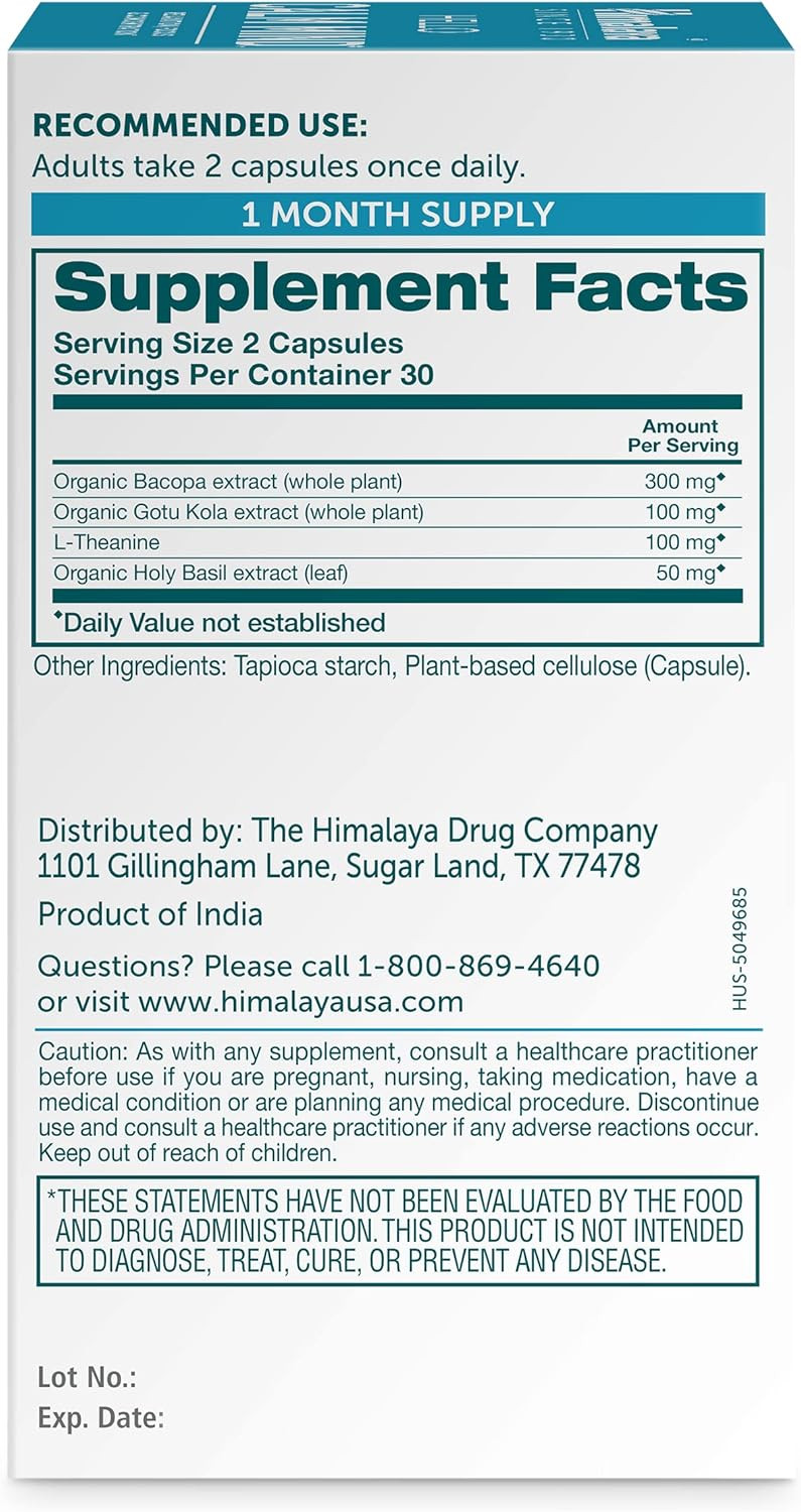 Himalaya Hello Calm Mind Herbal Supplement, With Bacopa, L-Theanine, Gotu Kola, Supports Concentration & Focus, Cognitive Function, Clear Thinking, Relaxation, Vegan, Gluten Free, 60 Capsules
