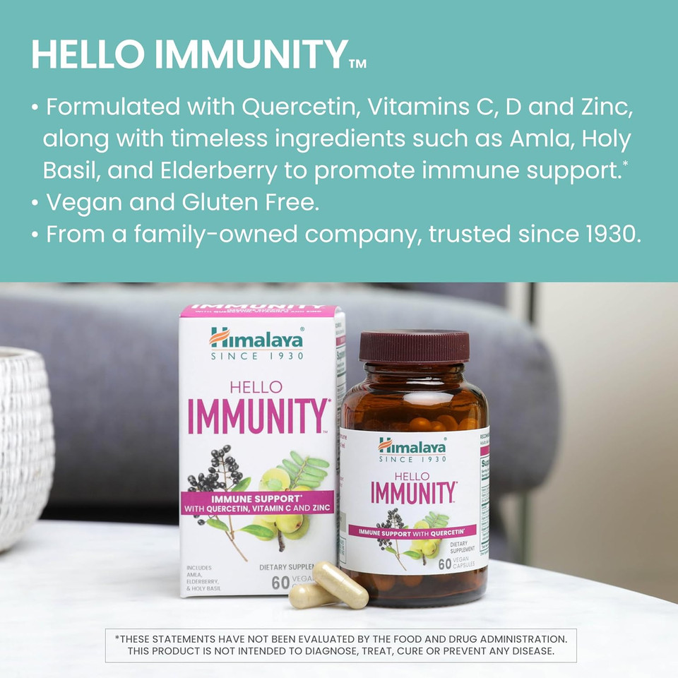 Himalaya Hello Immunity With Quercetin, Vitamin C, Vitamin D, Zinc, Amla, Elderberry & Holy Basil For Daily Immune Support, Vegan, Gluten Free, 60 Capsules, 1 Month Supply