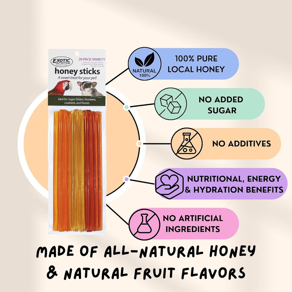 Honey Sticks - Peach Flavor (8 Sticks) - All-Natural Sweet Honey Treat - Made With Orange Blossom Honey - Sugar Gliders, Marmosets, Parrots, Canaries, Finches, Parakeets, Cockatiels, & Other Birdsã¢Â