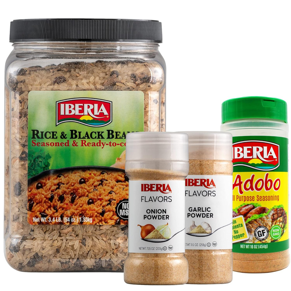 Iberia Garlic Powder, 9.1 Oz + Iberia Onion Powder, 7.5 Ounce + Iberia Rice And Black Beans Jar 3.4 Lb. + Iberia Adobo Without Pepper, 16 Oz