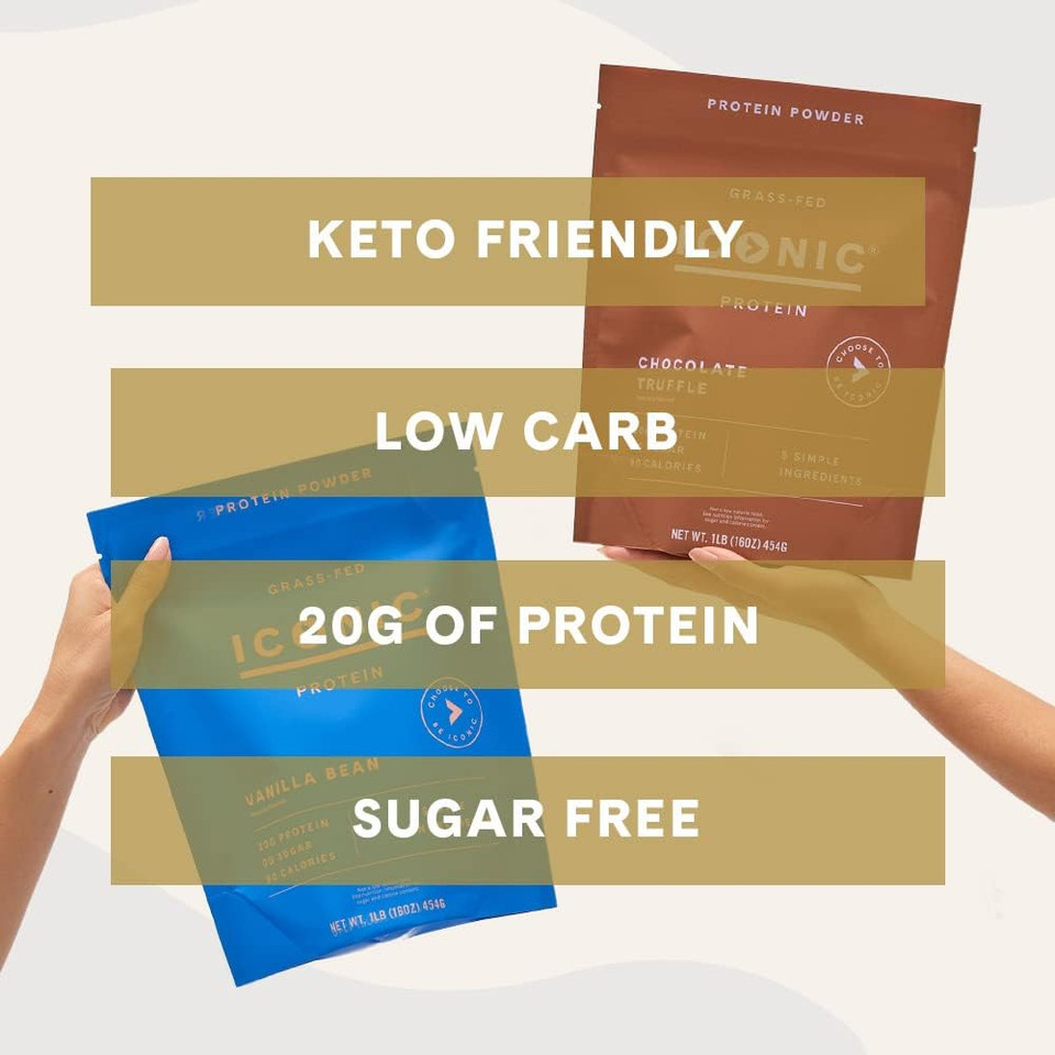 Iconic Protein Powder, Vanilla Bean - Sugar Free, Low Carb Protein Powder - Lactose Free, Gluten Free, Non-Gmo - 20G Grass Fed Whey & Casein Protein - Keto Friendly, 1 Lb Pouch (18 Servings)
