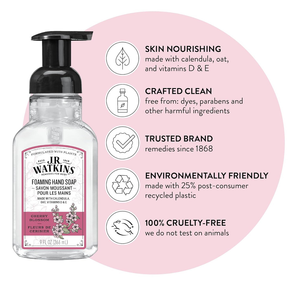 J.R. Watkins Foaming Hand Soap Pump With Dispenser, Moisturizing All Natural Foam, Alcohol-Free, Cruelty-Free, Usa Made, Use As Kitchen Or Bathroom Soap, Cherry Blossom, 9 Fl Oz, 3 Pack