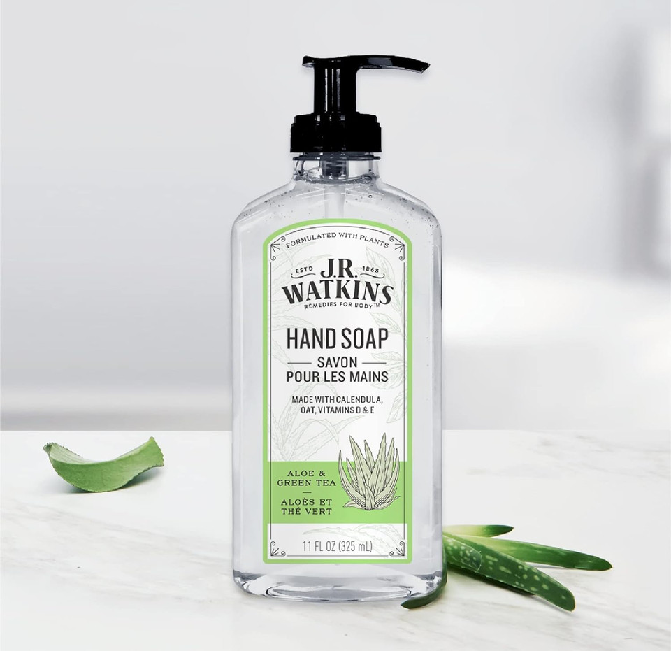 J.R. Watkins Liquid Hand Soap With Dispenser, Moisturizing Hand Soap, Alcohol-Free Hand Wash, Cruelty-Free, Usa Made Liquid Soap For Bathroom Or Kitchen, Aloe & Green Tea, 11 Fl Oz, 3 Pack