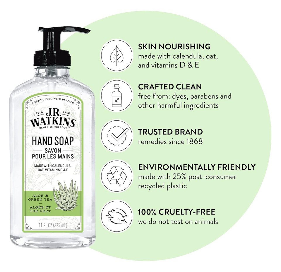 J.R. Watkins Liquid Hand Soap With Dispenser, Moisturizing Hand Soap, Alcohol-Free Hand Wash, Cruelty-Free, Usa Made Liquid Soap For Bathroom Or Kitchen, Aloe & Green Tea, 11 Fl Oz, 3 Pack