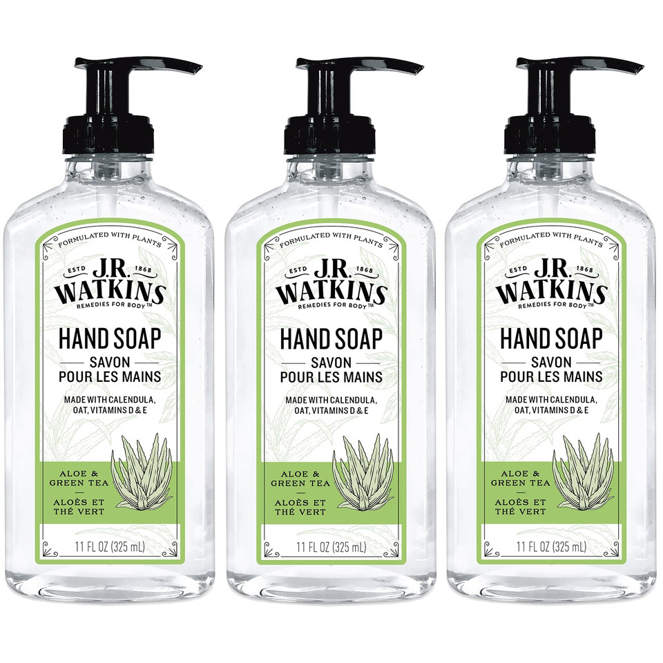 J.R. Watkins Liquid Hand Soap With Dispenser, Moisturizing Hand Soap, Alcohol-Free Hand Wash, Cruelty-Free, Usa Made Liquid Soap For Bathroom Or Kitchen, Aloe & Green Tea, 11 Fl Oz, 3 Pack