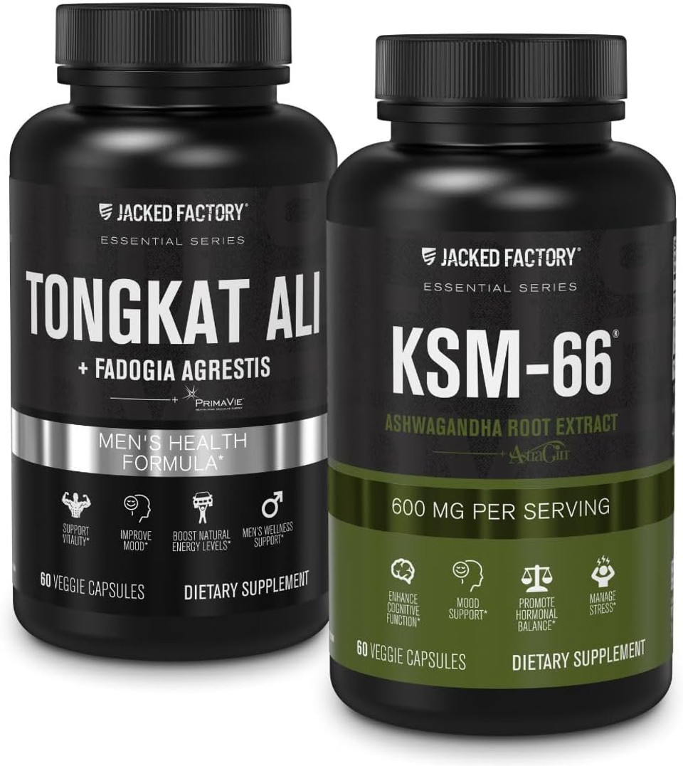 Jacked Factory Ashwagandha Root Extract (Ksm-66 Ashwagandha) W/ 5% Withanolides (60 Capsules) & Indonesian Tongkat Ali + Fadogia Agrestis - 200:1 For Vitality, Energy, & Strength