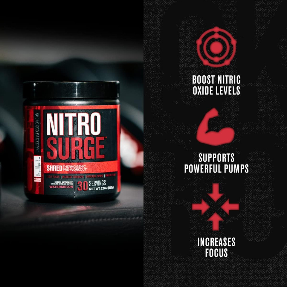 Jacked Factory Nitrosurge Pre-Workout In Blue Raspberry & Watermelon Nitrosurge Shred Thermogenic Pre-Workout For Men & Women