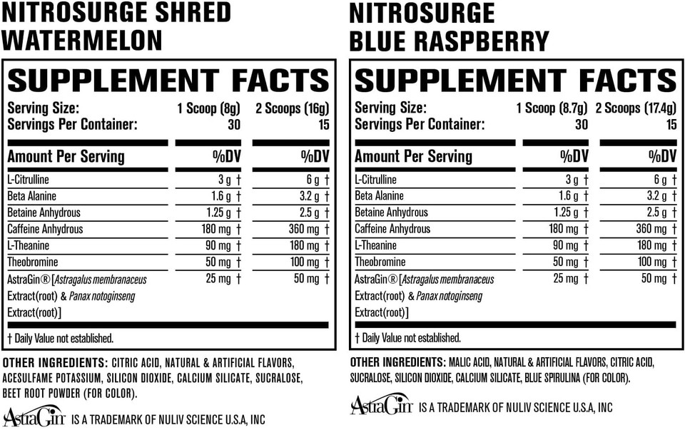 Jacked Factory Nitrosurge Pre-Workout In Blue Raspberry & Watermelon Nitrosurge Shred Thermogenic Pre-Workout For Men & Women