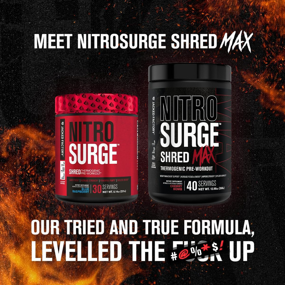 Jacked Factory Nitrosurge Shred Max Preworkout - High-Performance Thermogenic Pre Workout Powder With L Citrulline, Acetyl L Carnitine, Organic Caffeine - 80 Servings, Cherry Bomb & Watermelon Peach