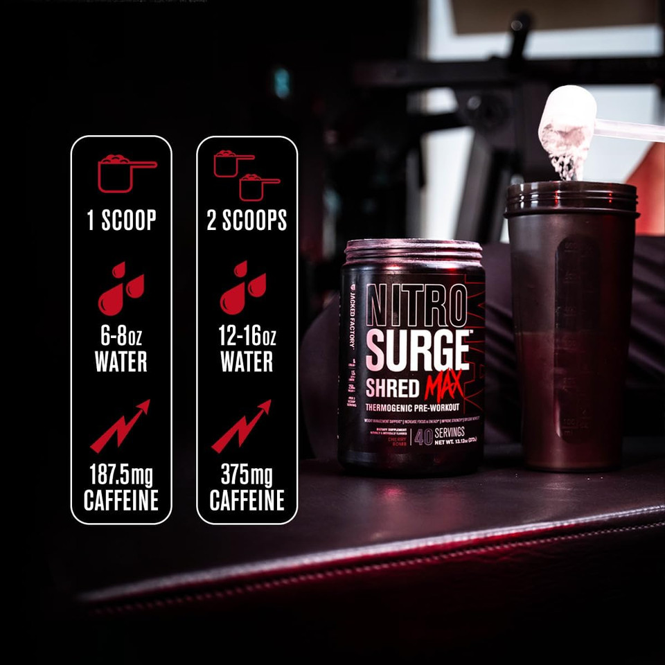 Jacked Factory Nitrosurge Shred Max Preworkout - High-Performance Thermogenic Pre Workout Powder With L Citrulline, Acetyl L Carnitine, Organic Caffeine - 80 Servings, Cherry Bomb & Watermelon Peach