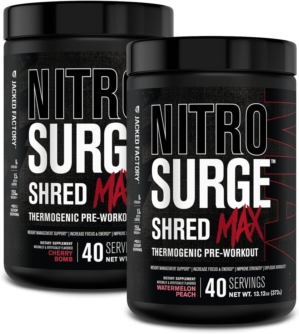 Jacked Factory Nitrosurge Shred Max Preworkout - High-Performance Thermogenic Pre Workout Powder With L Citrulline, Acetyl L Carnitine, Organic Caffeine - 80 Servings, Cherry Bomb & Watermelon Peach