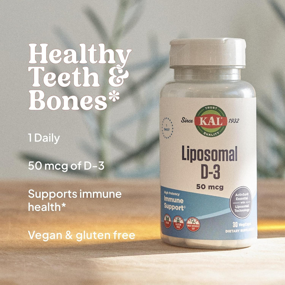 Kal Liposomal Vitamin D3 50 Mcg, High Absorption Vitamin D, Liposomal Technology, High Potency Immune Support, Vegan Capsules, Gluten Free, No Soy, 30 Servings