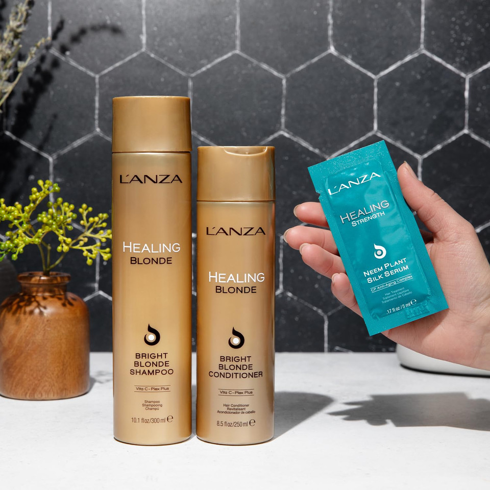 L'Anza Healing Blonde Hair Care Kit, Bright Blonde Shampoo, Hair Conditioner & Healing Strength Neem Plant Silk Serum, Paraben Free, Sulfate Free, Gift Box, Blonde & Colored Hair (10.1/8.5Floz+Sample)