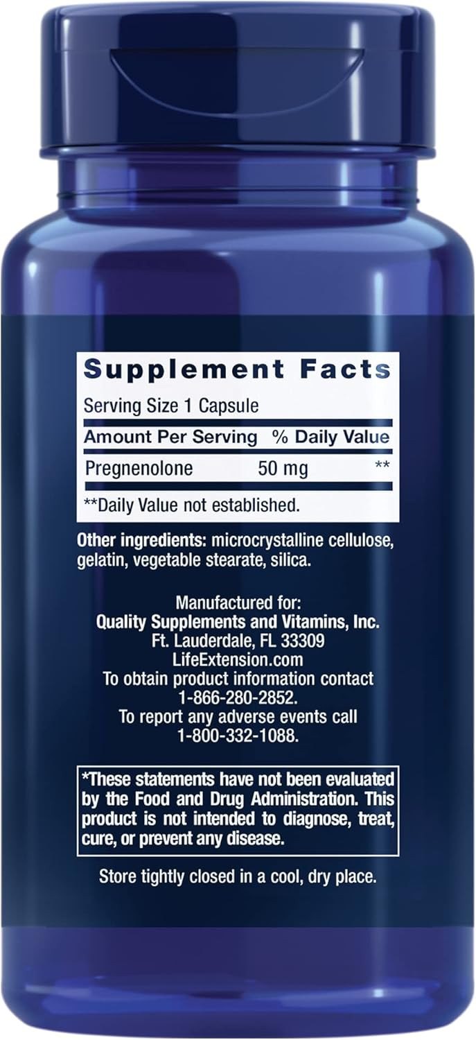 Life Extension Pregnenolone, Neurohormone, Promotes Memory Health And Brain Plasticity, Gluten-Free, Non-Gmo, 100 Capsules