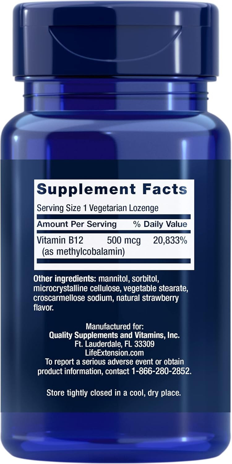 Life Extension Vitamin B12 Methylcobalamin, Nerve Health Supplement, Cognitive Support, Energy Vitamin, Methylcobalamin B12, 5 Mg, Quick-Dissolving, Gluten-Free, Non-Gmo, Vegetarian, 60 Lozenges