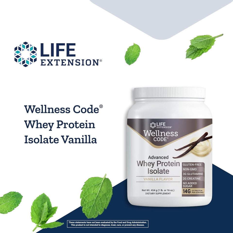 Life Extension Wellness Code Advanced Whey Protein Isolate - Vanilla Flavor -Protein Shake Mix Powder For Muscle Growth & Immune Health Support - Gluten Free, Non-Gmo, Sugar Free - 454G - 20 Servings