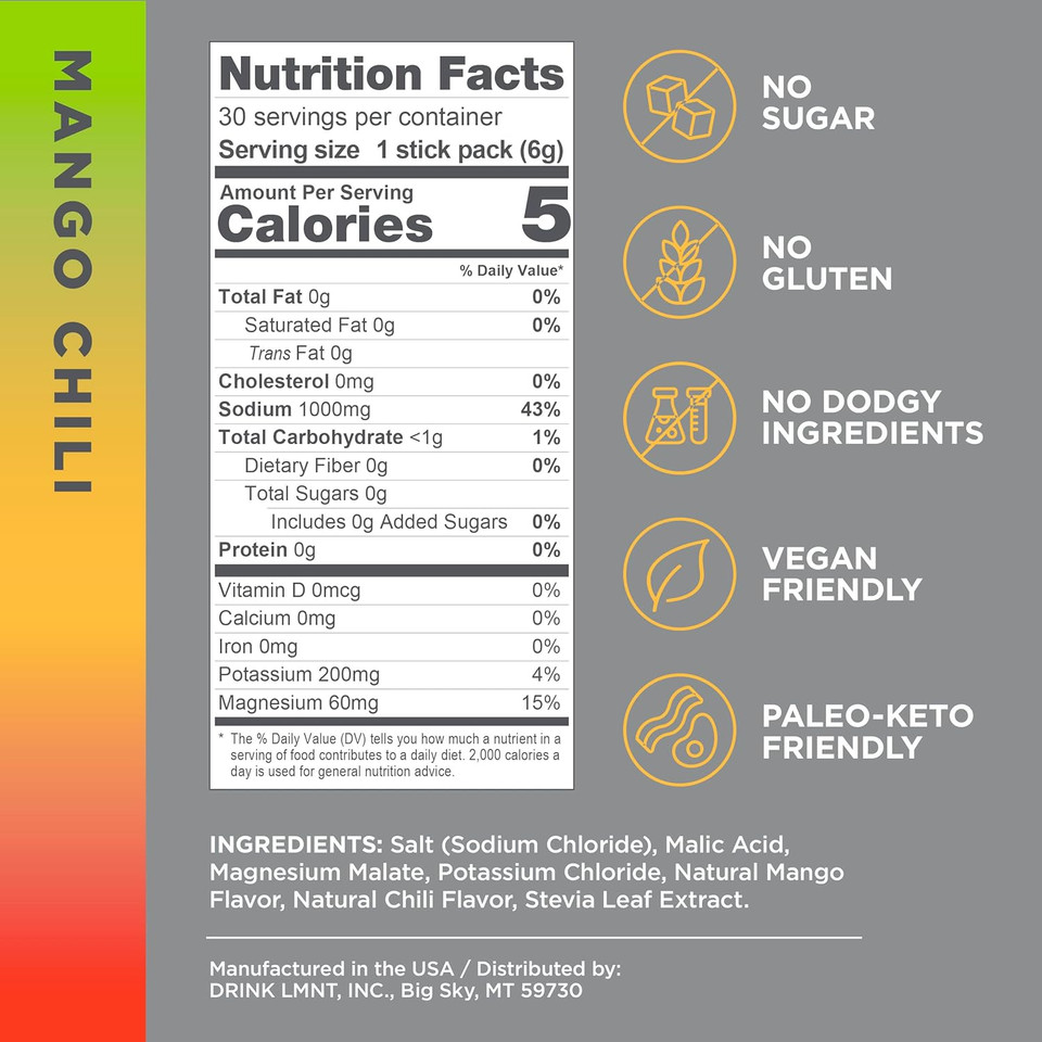 Lmnt Zero Sugar Electrolytes - Mango Chili Salt | Drink Mix | 30 Count