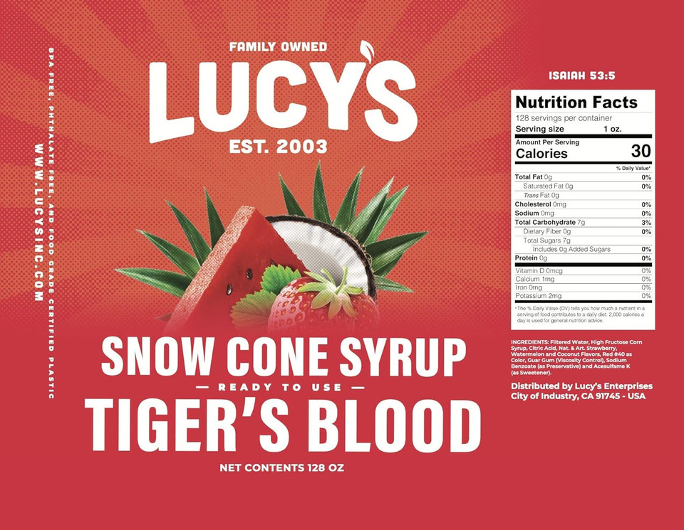 Lucy'S Family Owned - Shaved Ice Snow Cone Syrup - 1 Gallon (128Oz.) (Tiger'S Blood)