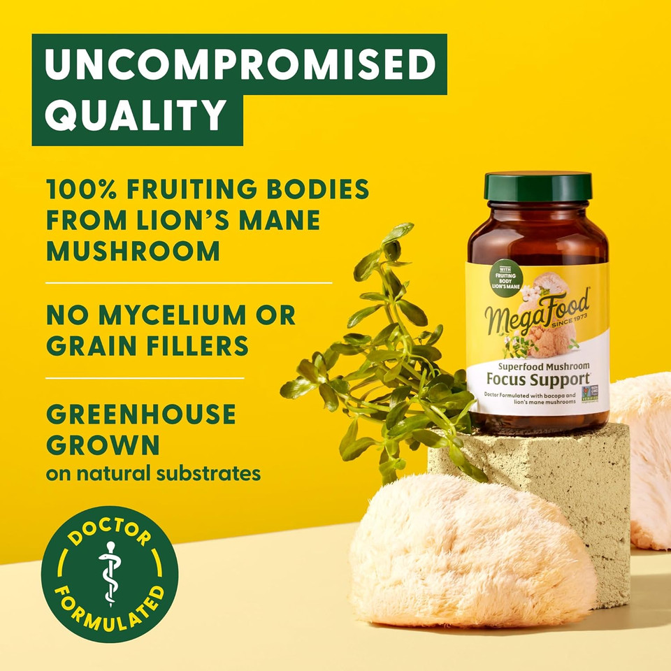 Megafood Superfood Mushroom Focus Support - Doctor Formulated Lions Mane Supplement Capsules - Lions Mane Mushroom Supplement With Clinically Studied Bacopa - Vegan - 60 Capsules, 30 Servings