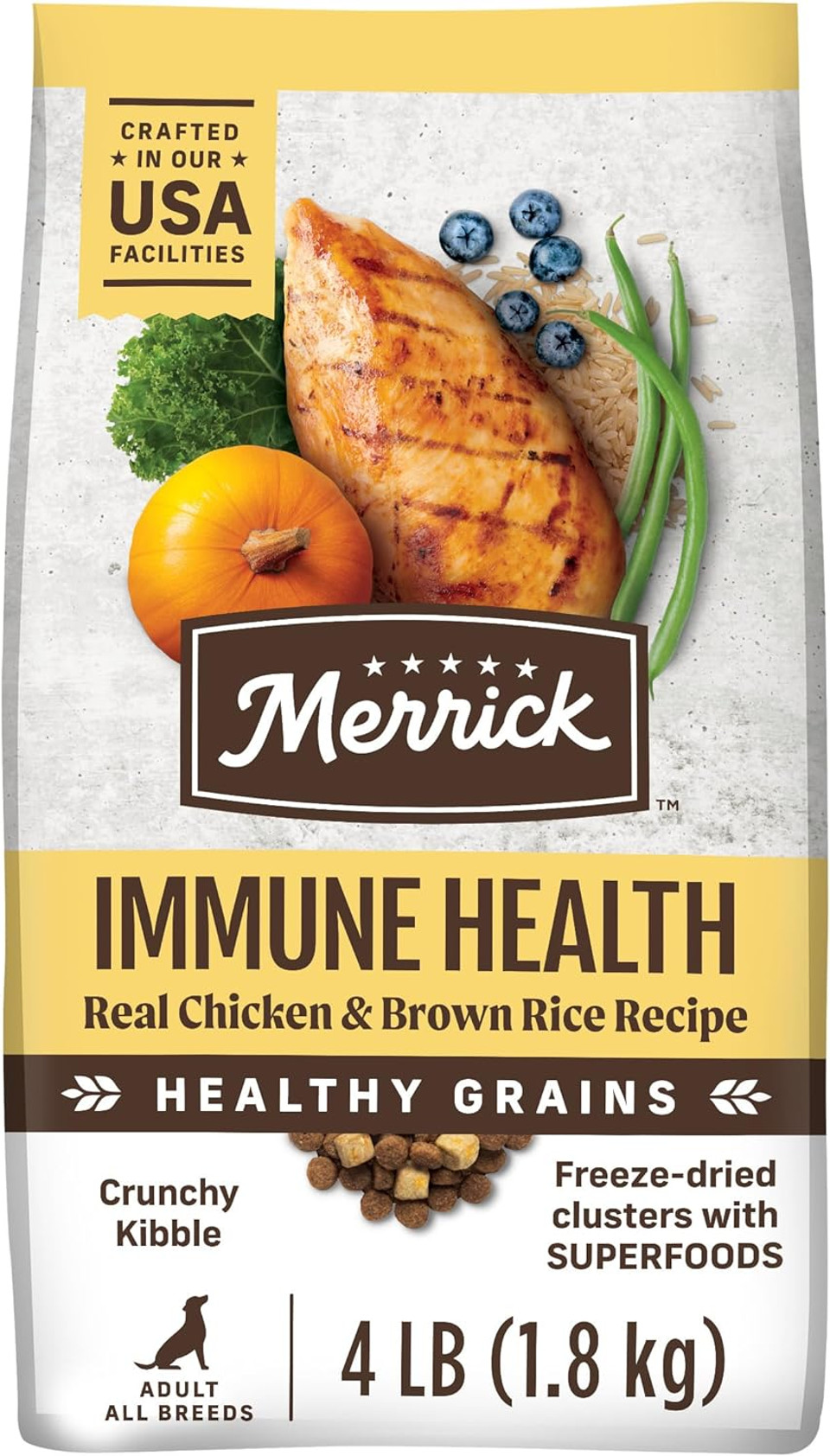 Merrick Immune Health Recipe, Healthy Grains Chicken Dry Dog Food With Freeze-Dried Clusters With Superfoods - 4 Lb. Bag