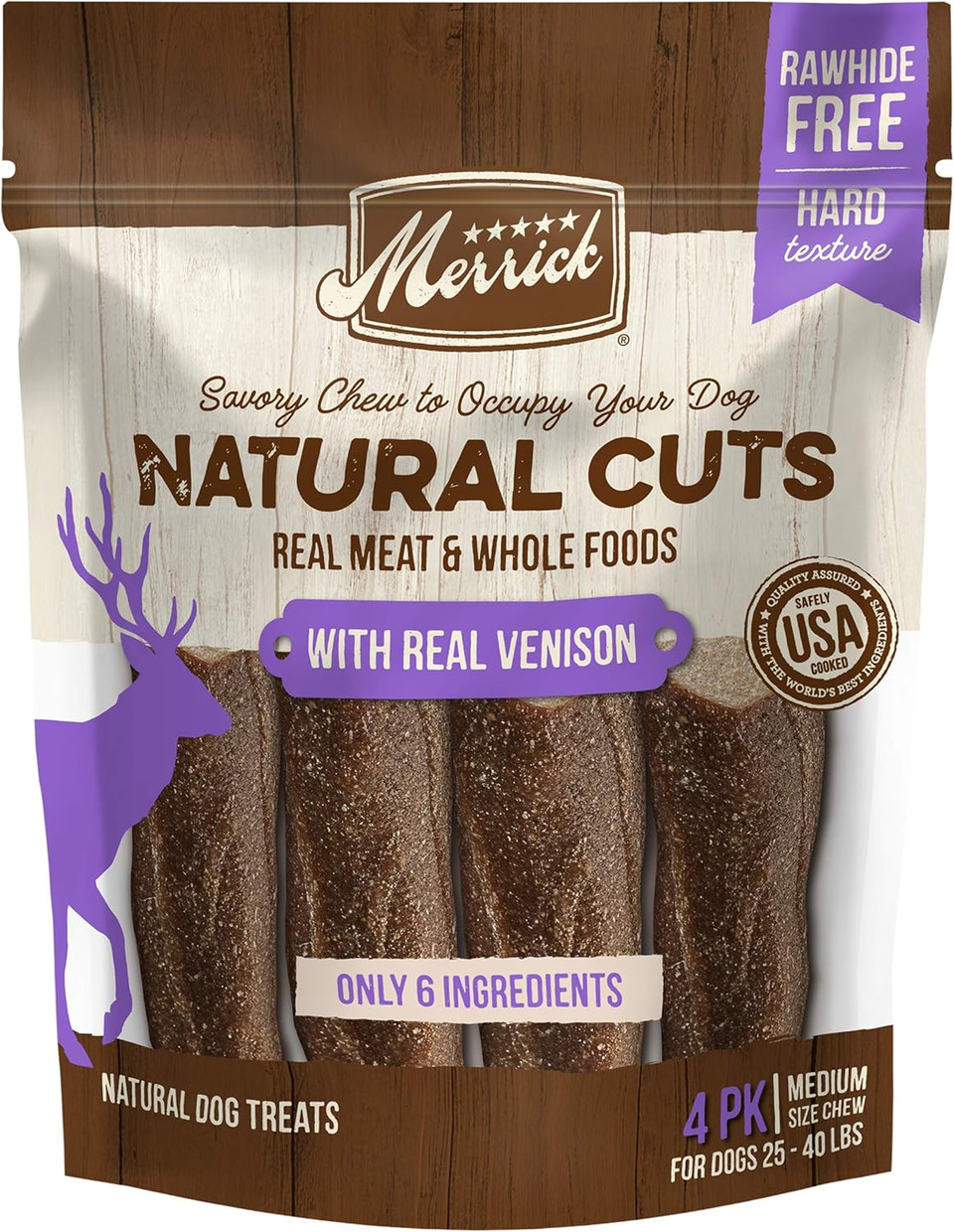 Merrick Natural Cuts Chicken Free Non Rawhide Medium Dog Treats, Hard Texture Chew Sticks With Venison - 4 Ct. Pouch