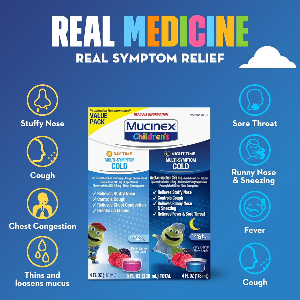 Mucinex Children'S Day & Night Combo Pack, Kids Cold Medicine / Kids Cough Medicine, Daytime Cold Medicine & Night Time Cold And Flu Medicine, Mucinex Kids Medicine, Berry Flavor Liquid (2 X 4 Fl Oz)