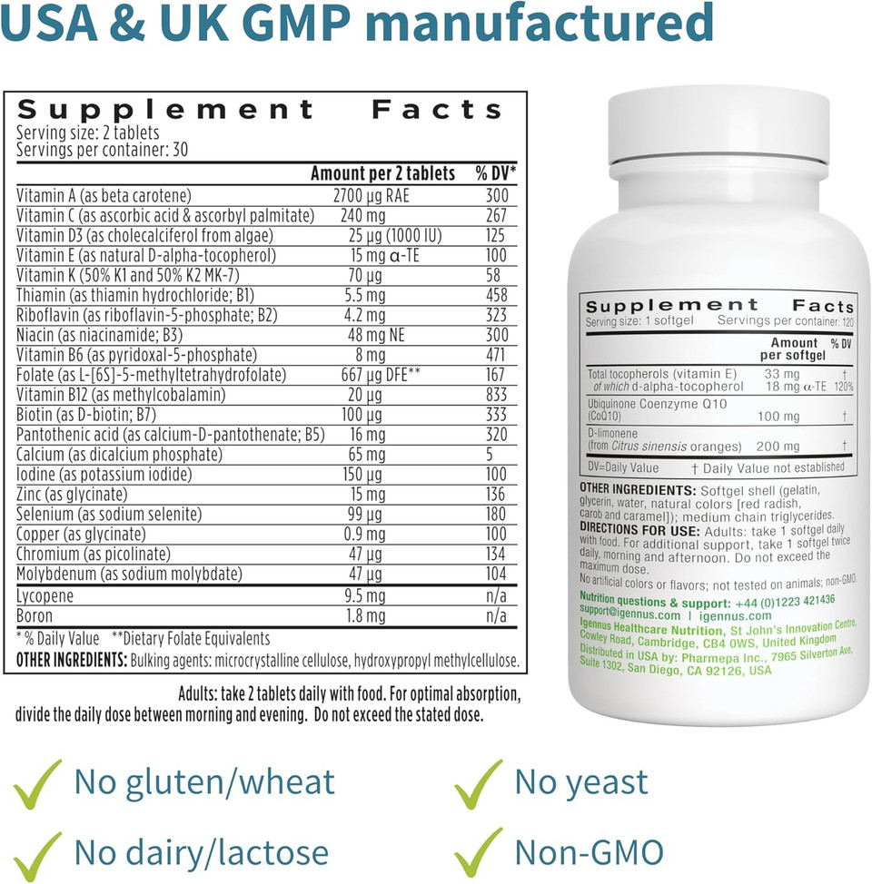 Multivitamin & Minerals For Men + High Absorption Coq10 100Mg 120 Softgels Energy Bundle, Sustained Release Advanced Multivitamin + Coq10 With Vitamin E & D-Limonene, By Igennus