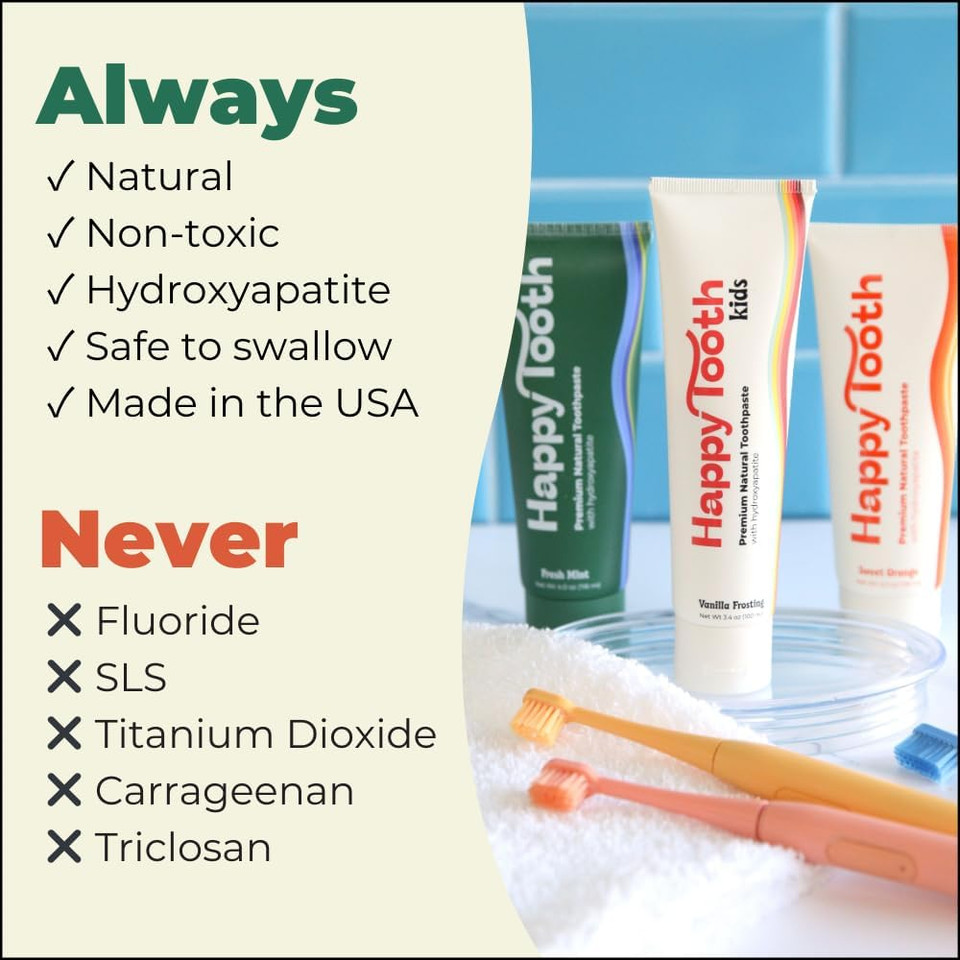 Natural Hydroxyapatite Toothpaste - Fluoride Free, Sls Free - Whitening For Sensitive Teeth - Natural Ingredients - Adults & Kids - Vanilla Frosting, Fresh Mint, Sweet Orange (3 Pack)