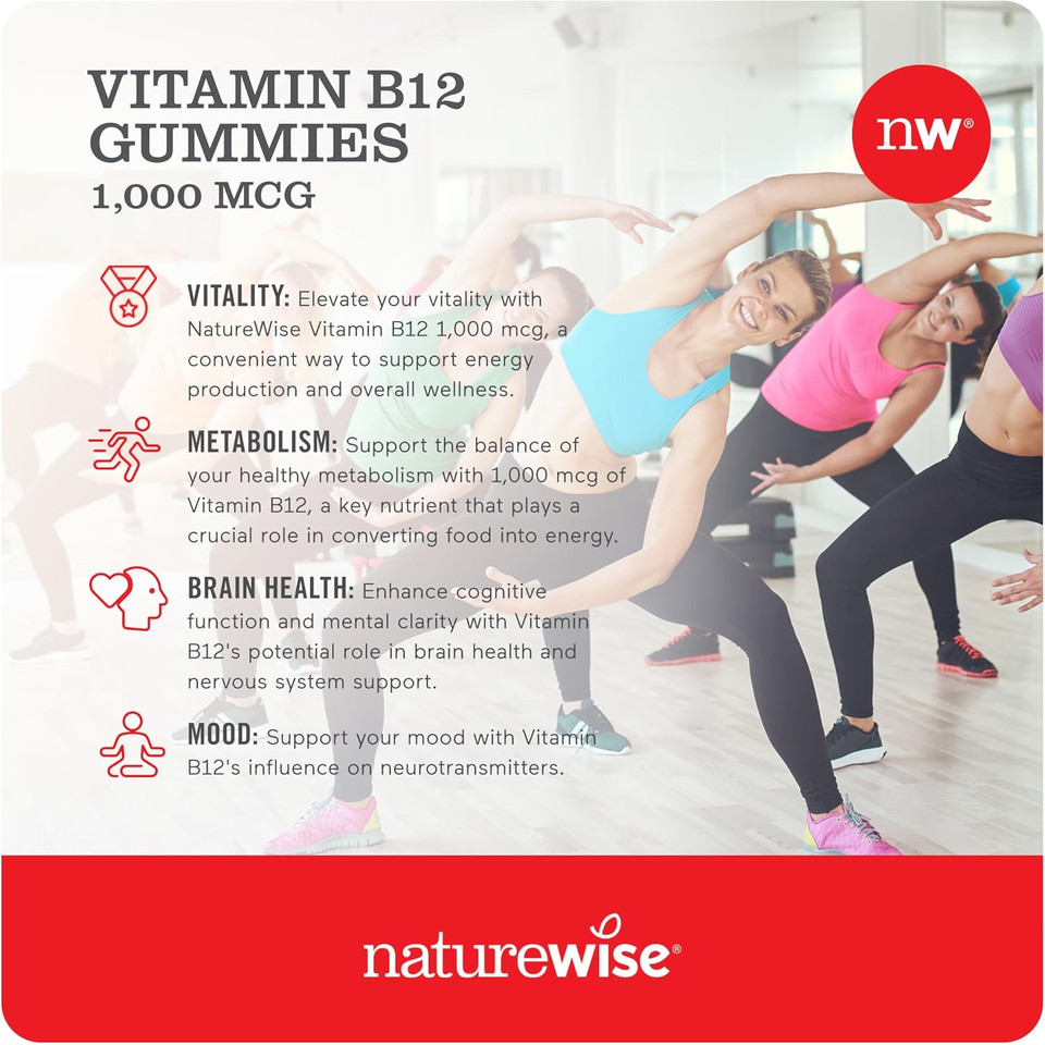Naturewise Vitamin B12 Gummies For Adults, 1000 Mcg - Strawberry Lemon Flavor - Supports Daily Energy, Mental Clarity, Cognitive Function - Vegan, Gluten-Free, Non-Gmo - 60 Gummies[1-Month Supply]