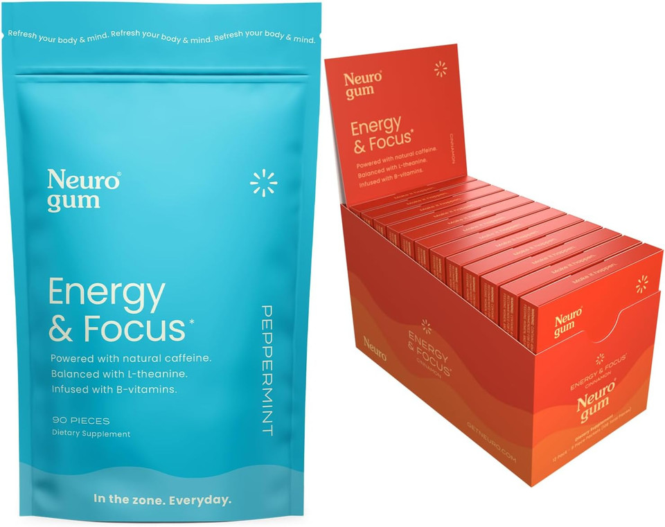 Neurogum Energy Caffeine Gum (198 Pieces) - Sugar Free With L-Theanine + Natural Caffeine + Vitamin B12 & B6 - Nootropic Energy & Focus Supplement For Women & Men - Peppermint & Cinnamon Flavor