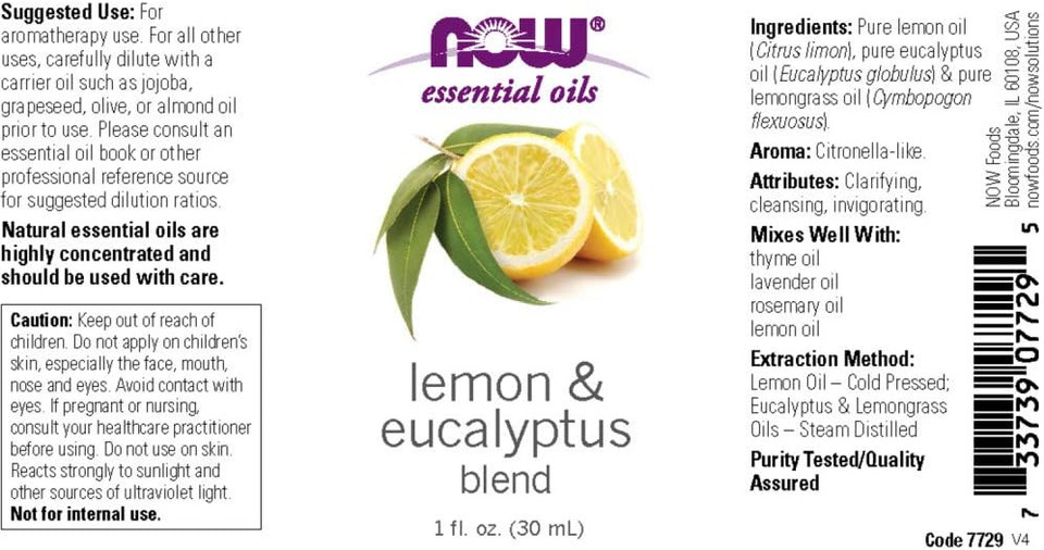 Now Essential Oils, Lemon & Eucalyptus Oil Blend, Invigorating Aromatherapy Scent, Blend Of Pure Lemon Oil And Pure Eucalyptus Oil, Vegan, Child Resistant Cap, 1-Ounce