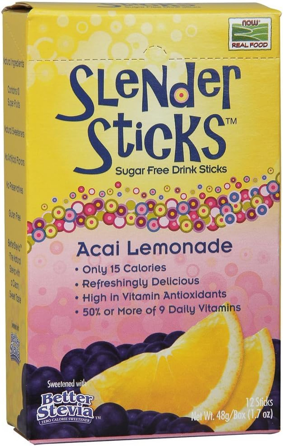 Now Foods, Slender Sticks, Acai Lemonade, Sugar-Free Drink Sticks, 10 Calories/Stick, 12/Box
