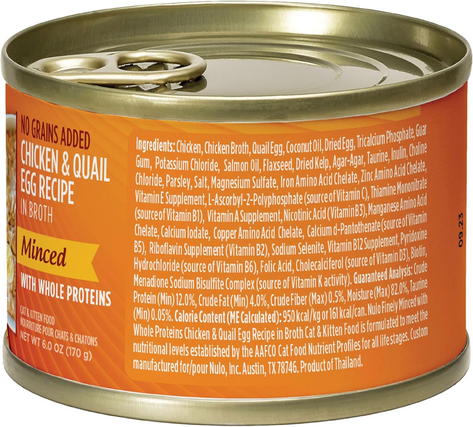 Nulo Grain-Free Minced With Whole Proteins Wet Canned Cat And Kitten Food, Chicken And Quail Egg In Broth, 6.0 Ounce, 8 Cans
