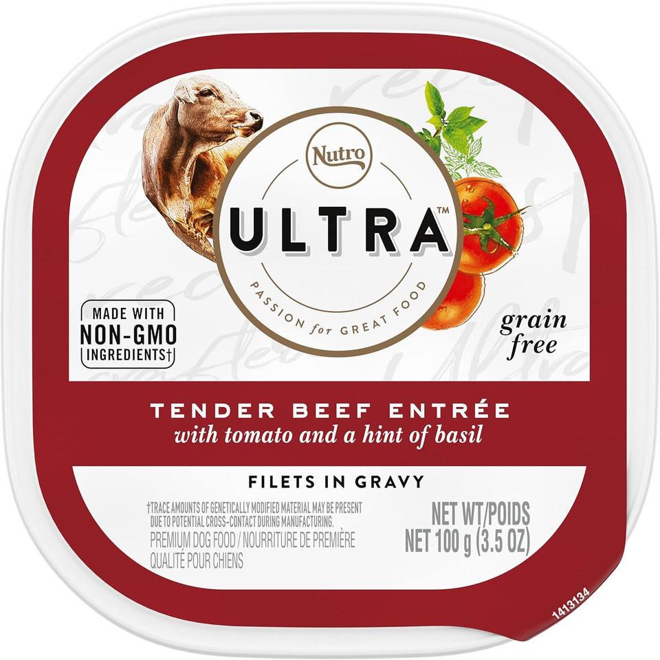 Nutro Ultra Grain Free Adult Wet Dog Food Filets In Gravy Tender Beef Entrã£Â©E With Tomato And A Hint Of Basil, (24) 3.5 Oz. Trays