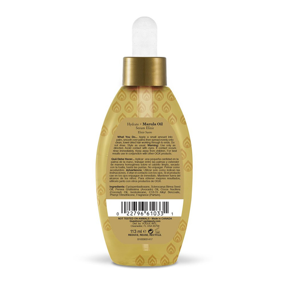 Ogx Hydrate And Marula Oil Serum Elixir, Gold 3.8 Fl Oz
