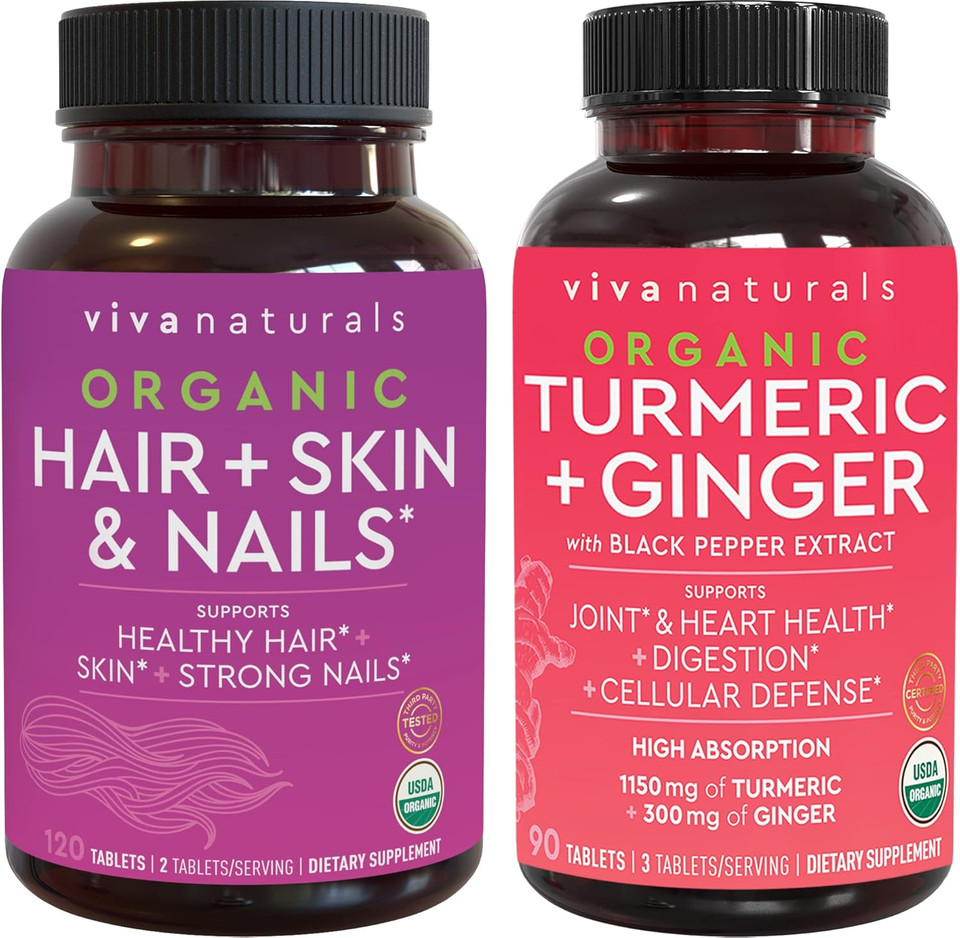 Organic Hair Skin And Nails Vitamins + Organic Turmeric With Black Pepper & Ginger Bundle, Made With Biotin 5000Mcg For Healthy Hair, Turmeric For Natural Joint Support Organic Hair Skin And Nails Vitamins + Organic Turmeric With Black Pepper & Ginger Bundle, Made With Biotin 5000Mcg For Healthy Hair, Turmeric For Natural Joint Support