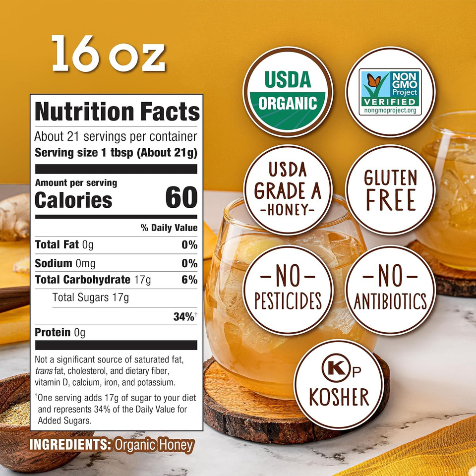 Organic Honey In The Raw, 16 Oz., Pure Raw Honey Sourced From Brazil, Hand Harvested And Unfiltered, Usda Organic, Non-Gmo Project Verified And Kosher