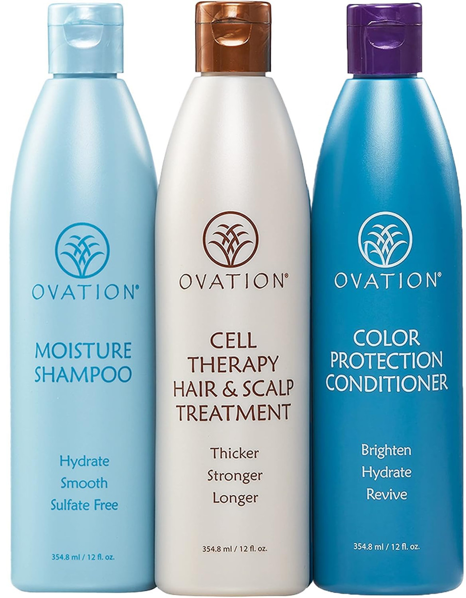 Ovation Hair 3-Step Bundle For Dry, Color-Treated Hair - With Moisture Shampoo, Cell Therapy Hair Growth & Healthy Scalp Treatment, Color Conditioner - Brighten, Nourish, & Hydrate Dyed/Bleached Hair