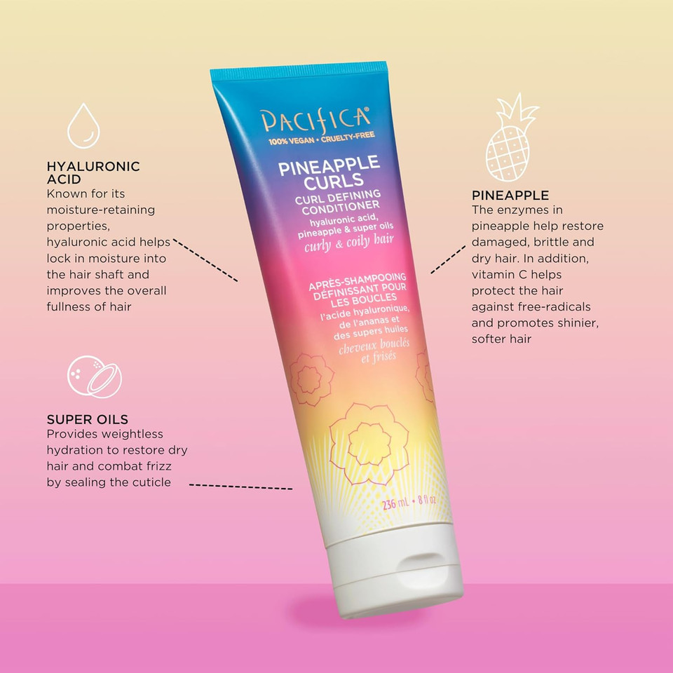 Pacifica Beauty Pineapple Curls Curl Defining Shampoo And Conditioner Set, Haircare, Hyaluronic Acid, Coconut Oil, No Frizz, For Curly Coily Hair, Sulfate Free, Vegan, 12 Fl Oz And 8 Fl Oz (Set Of 2)
