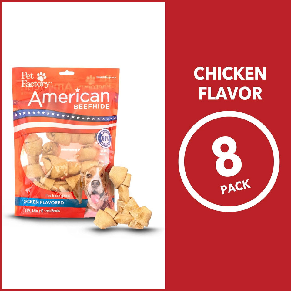 Pet Factory American Beefhide 4-5" Knotted Bones Dog Chew Treats - Chicken Flavor, 8 Count/1 Pack