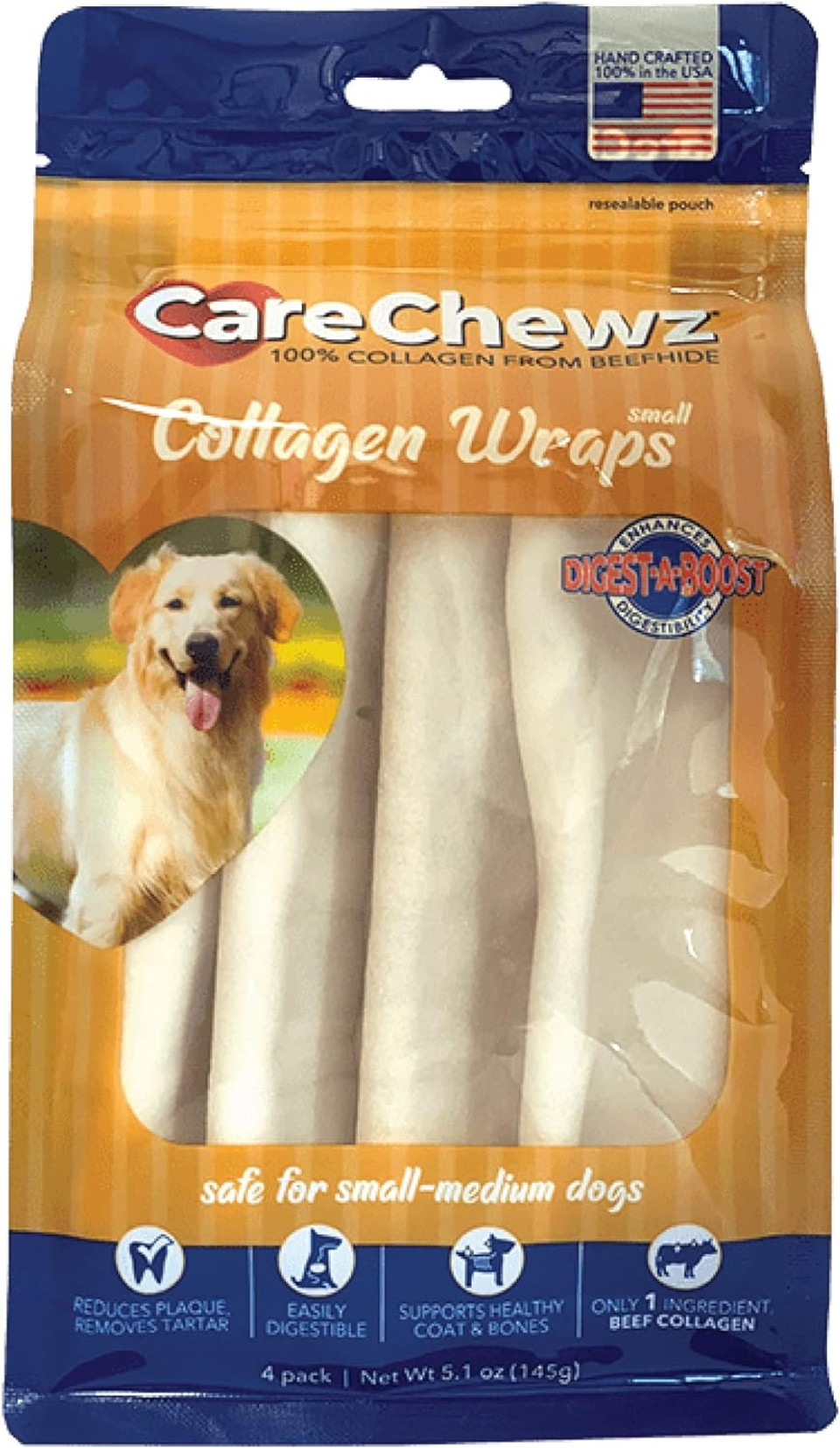Pet Factory Carechewz Collagen 6-7" Small Wraps Dog Chew Treats - Natural Flavor, 4 Count/1 Pack