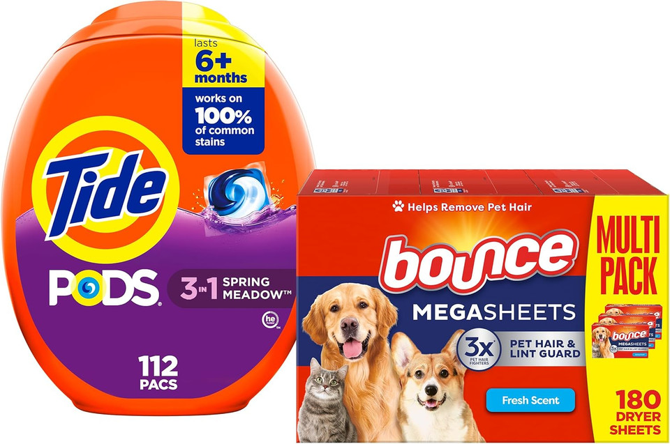 Pet Hair Bundle: Tide Pods Laundry Detergent Soap Pods, Spring Meadow Scent, 112 Count + Bounce Pet Hair And Lint Guard Mega Fabric Softener Dryer Sheet, Fresh Scent, 180 Count