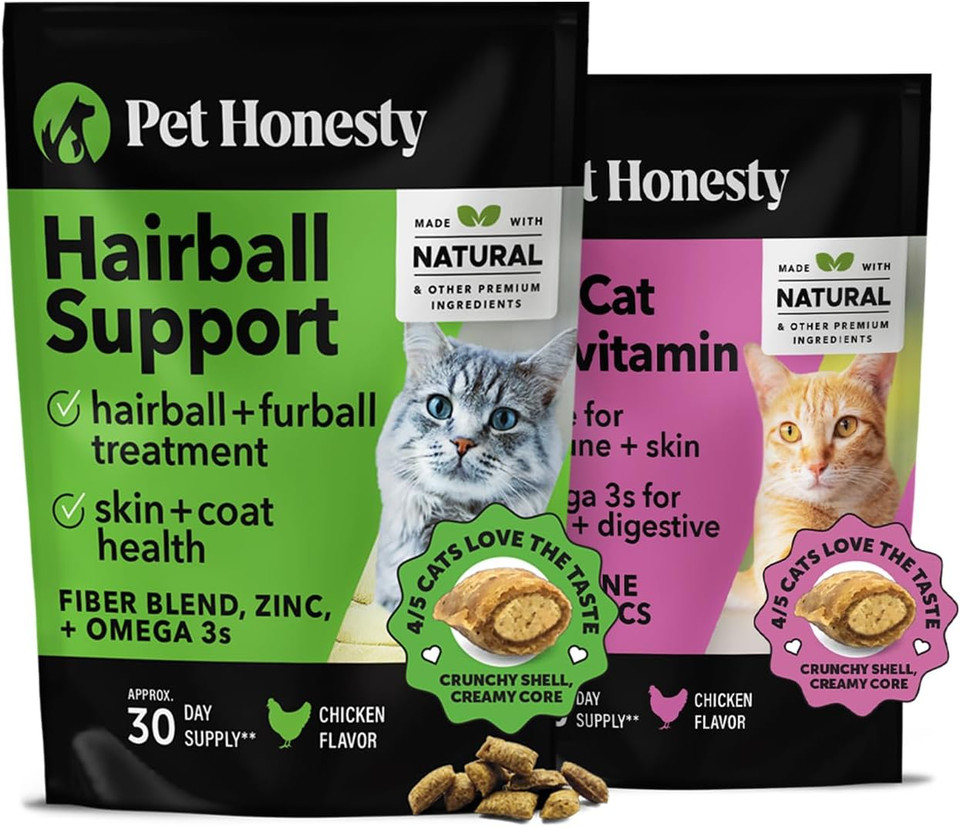 Pet Honesty Cat Hairball Support + Cat Multivitamins Dual Texture Chew Supplement Bundle - Cat Hairball Solution, Supports Skin & Coat And Digestion, Help Eliminate Furballs, Supports Immune Health