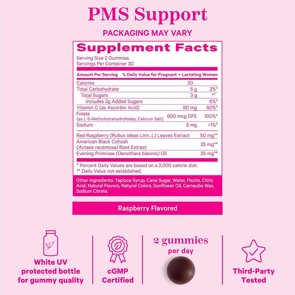 Pink Stork Pms Support Gummies - Red Raspberry Leaf & Black Cohosh For Bloating, Acne & Cravings - Proactive Period & Pms Support Supplement - Hormone Balance - 60 Plant-Based Berry Gummies
