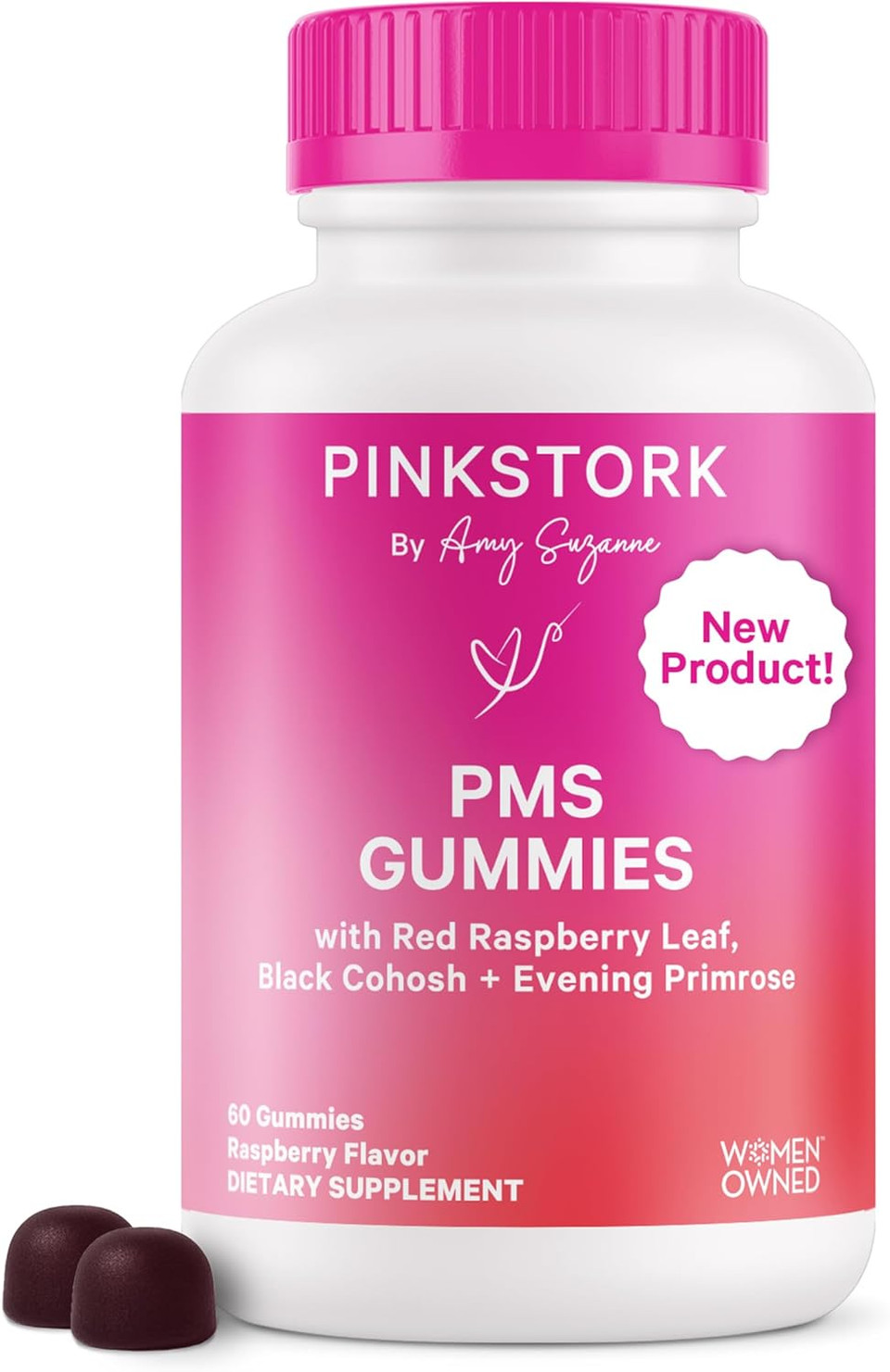 Pink Stork Pms Support Gummies - Red Raspberry Leaf & Black Cohosh For Bloating, Acne & Cravings - Proactive Period & Pms Support Supplement - Hormone Balance - 60 Plant-Based Berry Gummies