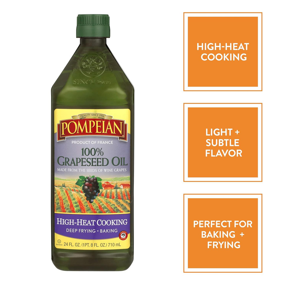 Pompeian 100% Grapeseed Oil, Light And Subtle Flavor, Perfect For High-Heat Cooking, Deep Frying And Baking, 24 Fl. Oz
